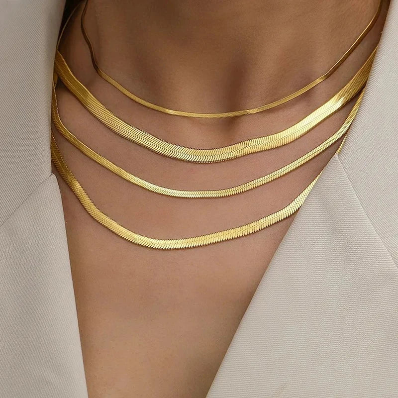 Sola Snake Chain Choker — Unisex Flat Herringbone Necklace in Gold or Silver