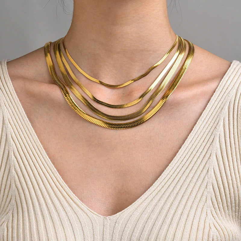 Sola Snake Chain Choker — Unisex Flat Herringbone Necklace in Gold or Silver