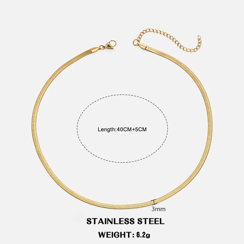 Sola Snake Chain Choker — Unisex Flat Herringbone Necklace in Gold or Silver