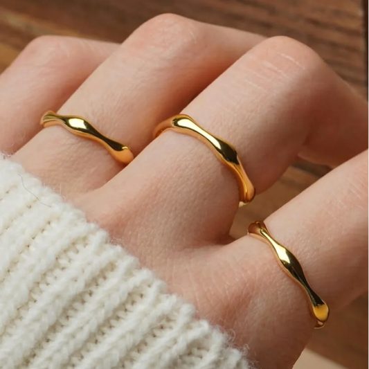 Riva Ring Set — Gold & Silver Ripple Stackable Bands