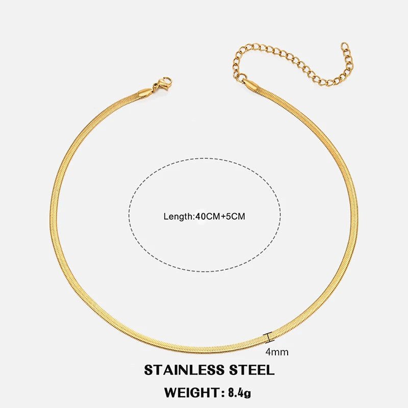 Sola Snake Chain Choker — Unisex Flat Herringbone Necklace in Gold or Silver