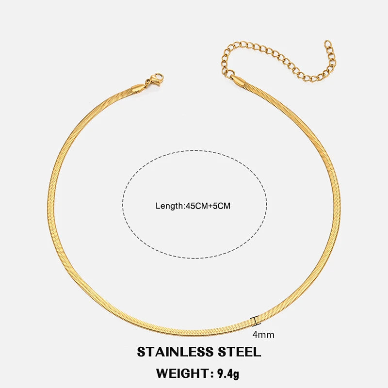 Sola Snake Chain Choker — Unisex Flat Herringbone Necklace in Gold or Silver