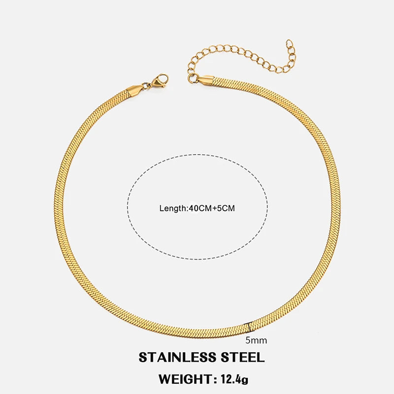 Sola Snake Chain Choker — Unisex Flat Herringbone Necklace in Gold or Silver