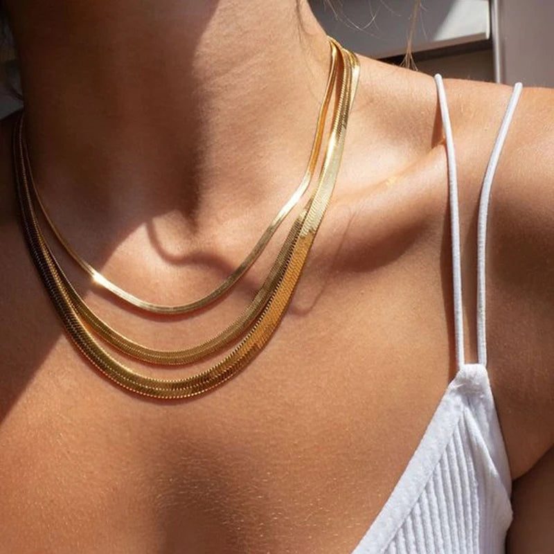 Sola Snake Chain Choker — Unisex Flat Herringbone Necklace in Gold or Silver