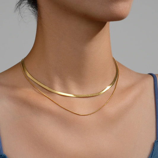 Sola Snake Chain Choker — Unisex Flat Herringbone Necklace in Gold or Silver