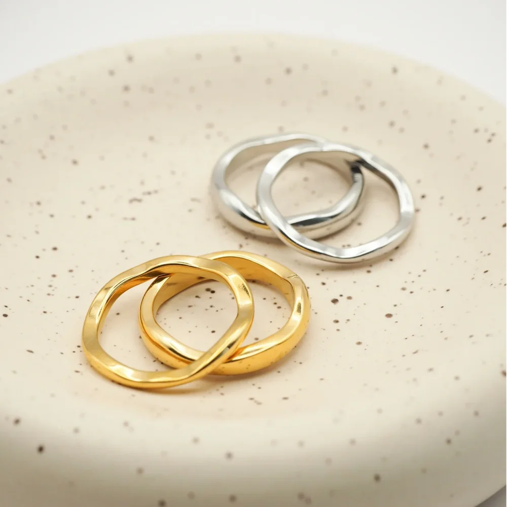 Riva Ring Set — Gold & Silver Ripple Stackable Bands