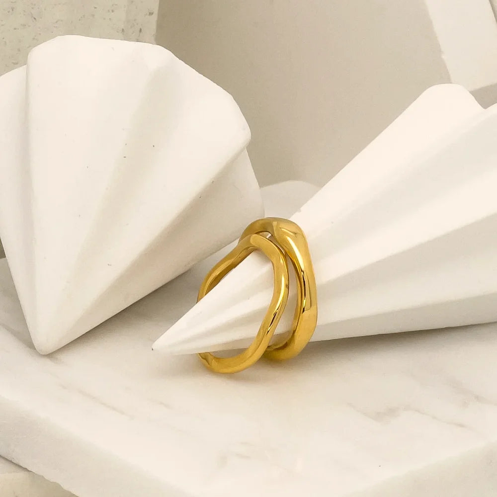 Riva Ring Set — Gold & Silver Ripple Stackable Bands