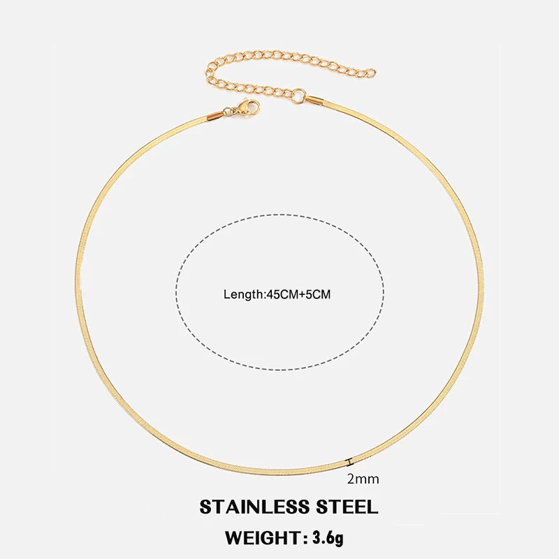 Sola Snake Chain Choker — Unisex Flat Herringbone Necklace in Gold or Silver