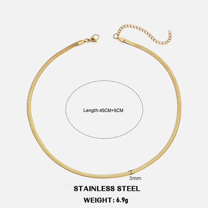 Sola Snake Chain Choker — Unisex Flat Herringbone Necklace in Gold or Silver